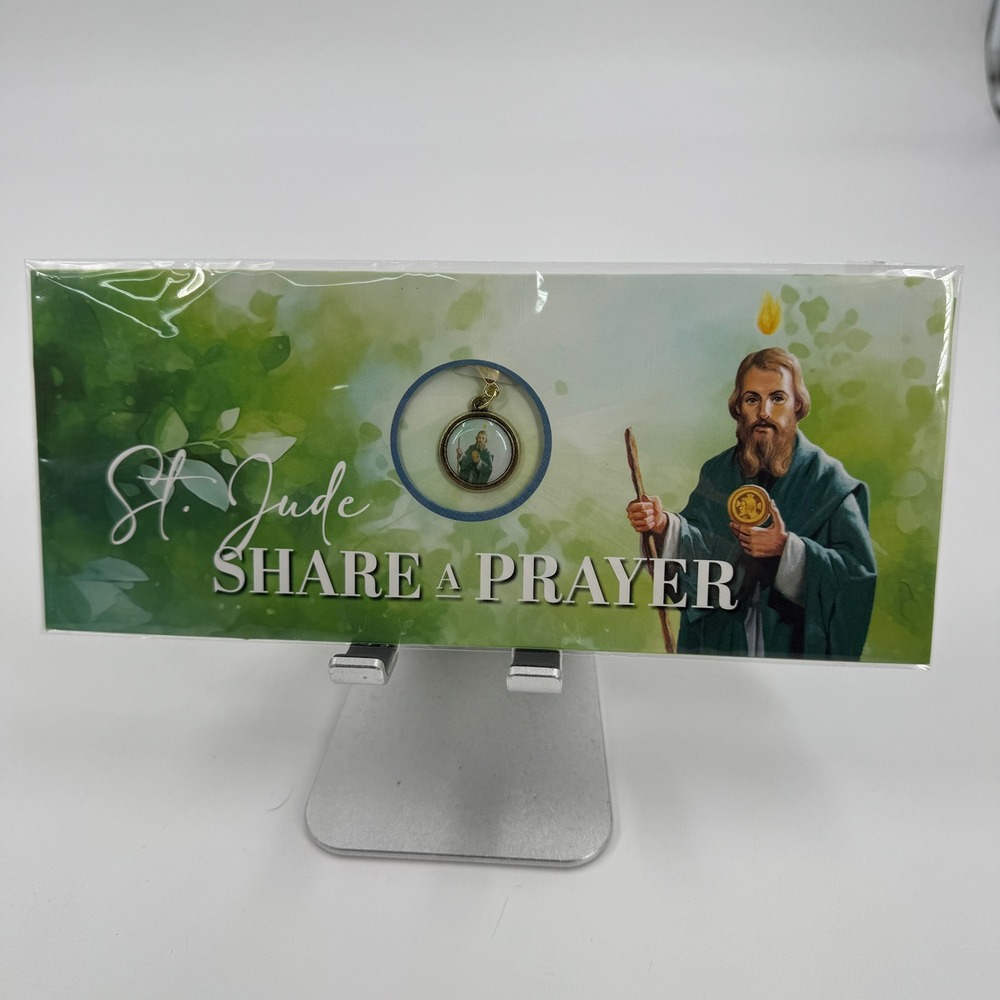 St. Jude Shrine Pendant Necklace Prayer Card OS Green Gold Religious Devotional